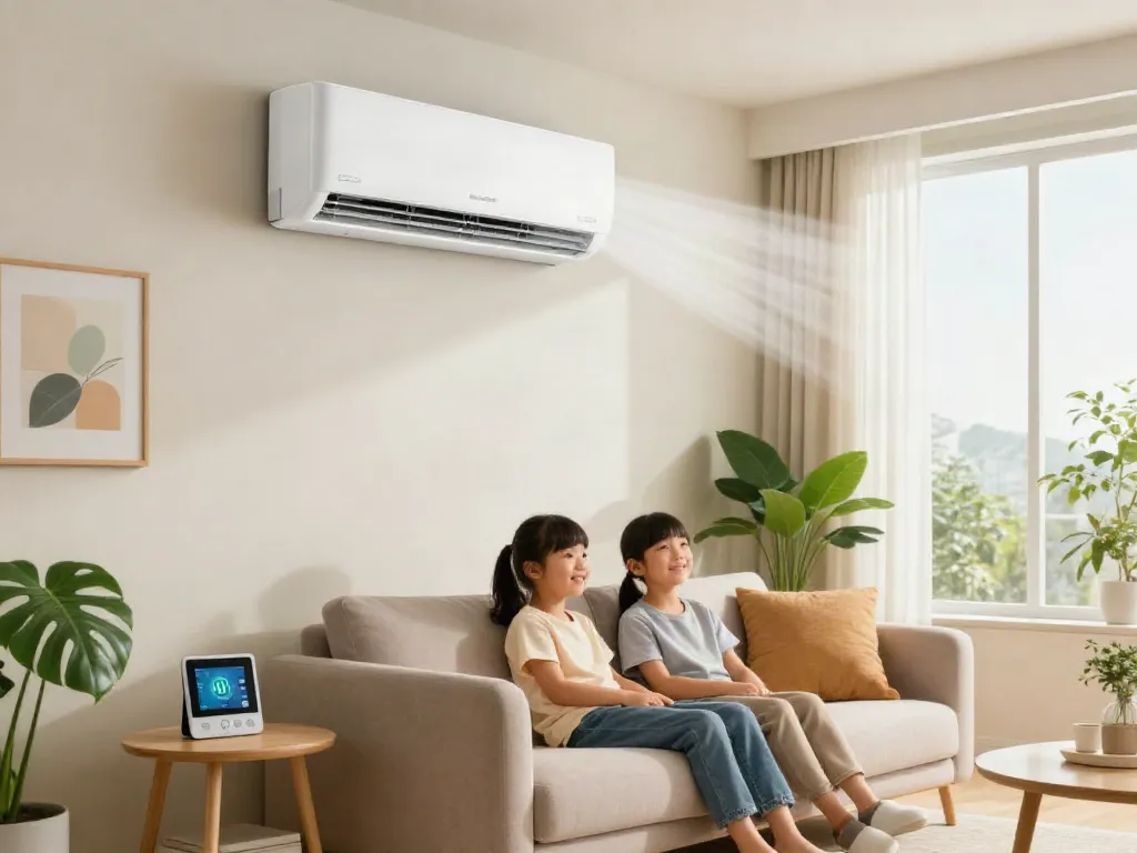 Family enjoying comfortable living room with a mini split of air conditioner providing cool air.