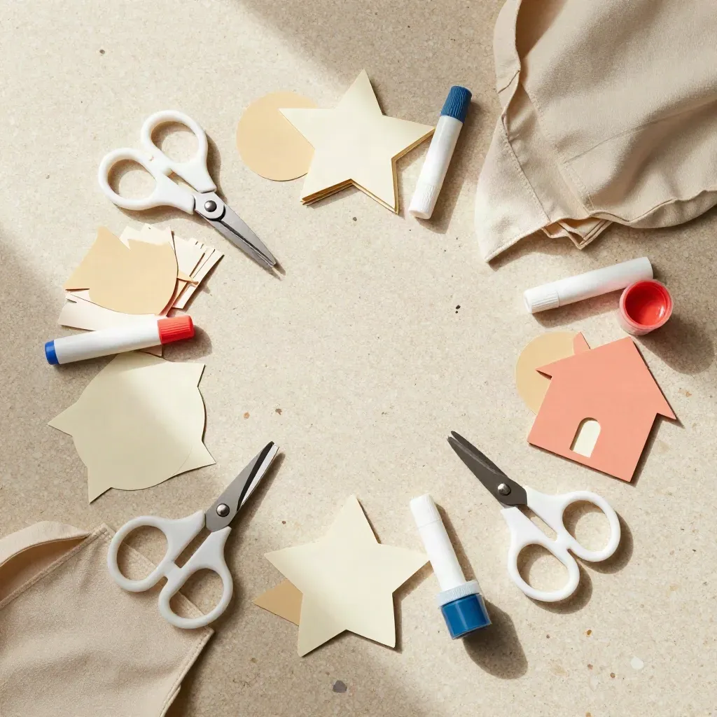 Overhead craft set flatlay with scissors, paper shapes, glue sticks, paint cups, and folded apron fabric.