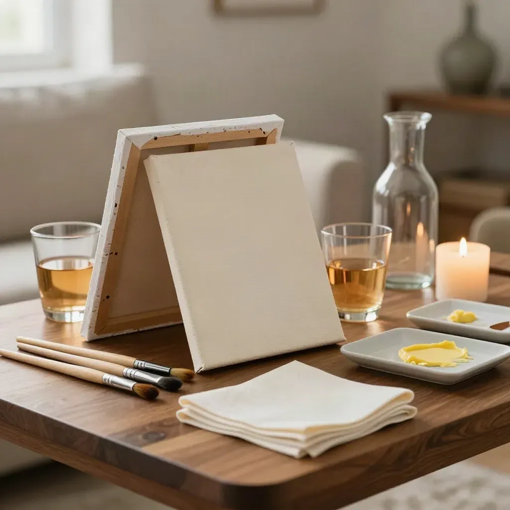 Sip and paint set with canvases, brushes, cups, napkins, and palette trays on a warm walnut table.