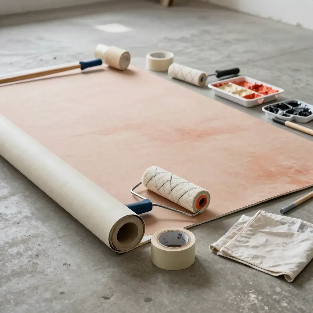 Floor-level mural kit with rolls, trays, tape and coral paint on a concrete studio floor