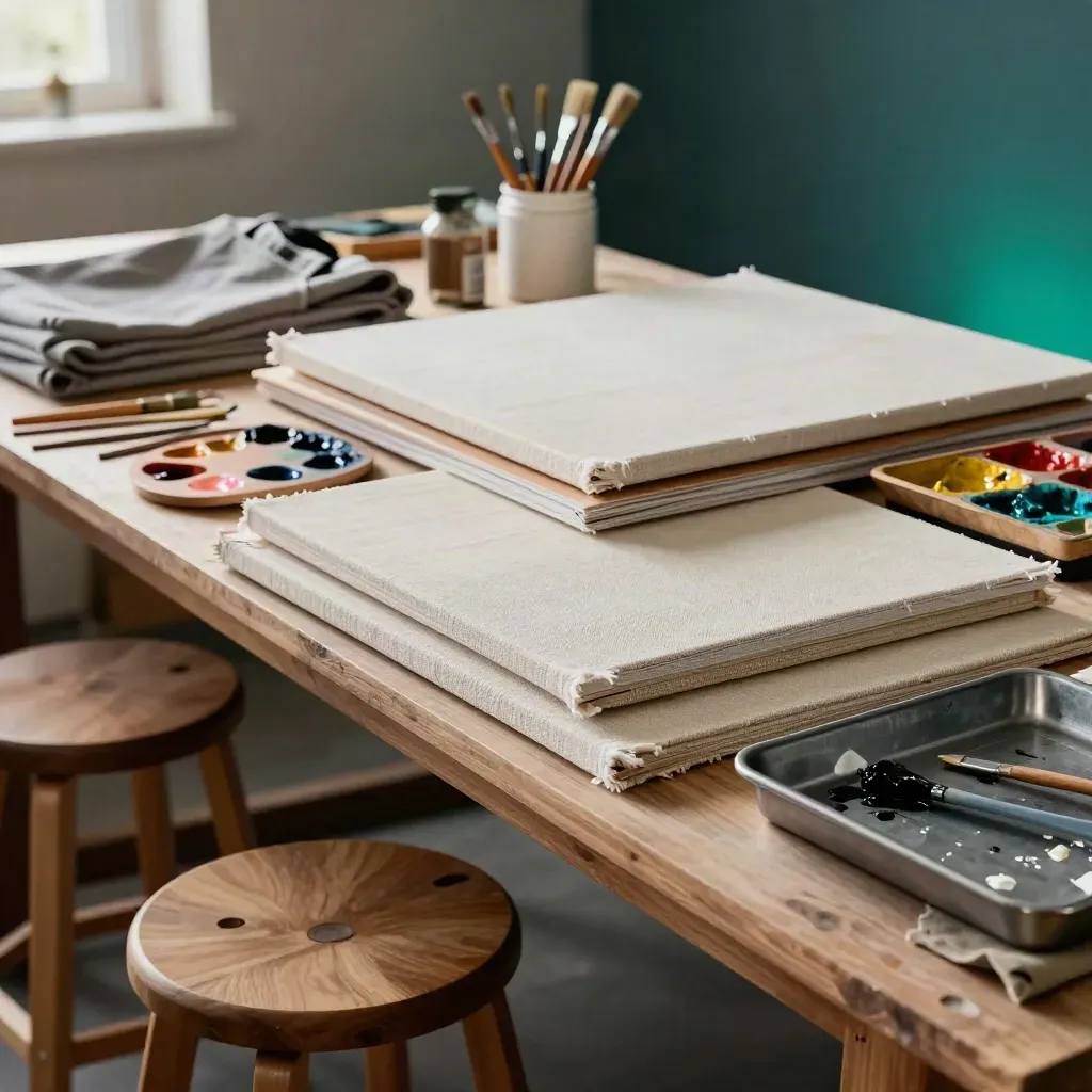 Macro close-up of stacked canvases, paint caddies, aprons, and stools in a studio prep table.