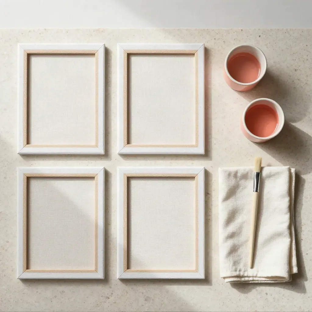 Overhead starter paint kit flatlay with three canvases, brushes, paint cups, and a folded cloth.