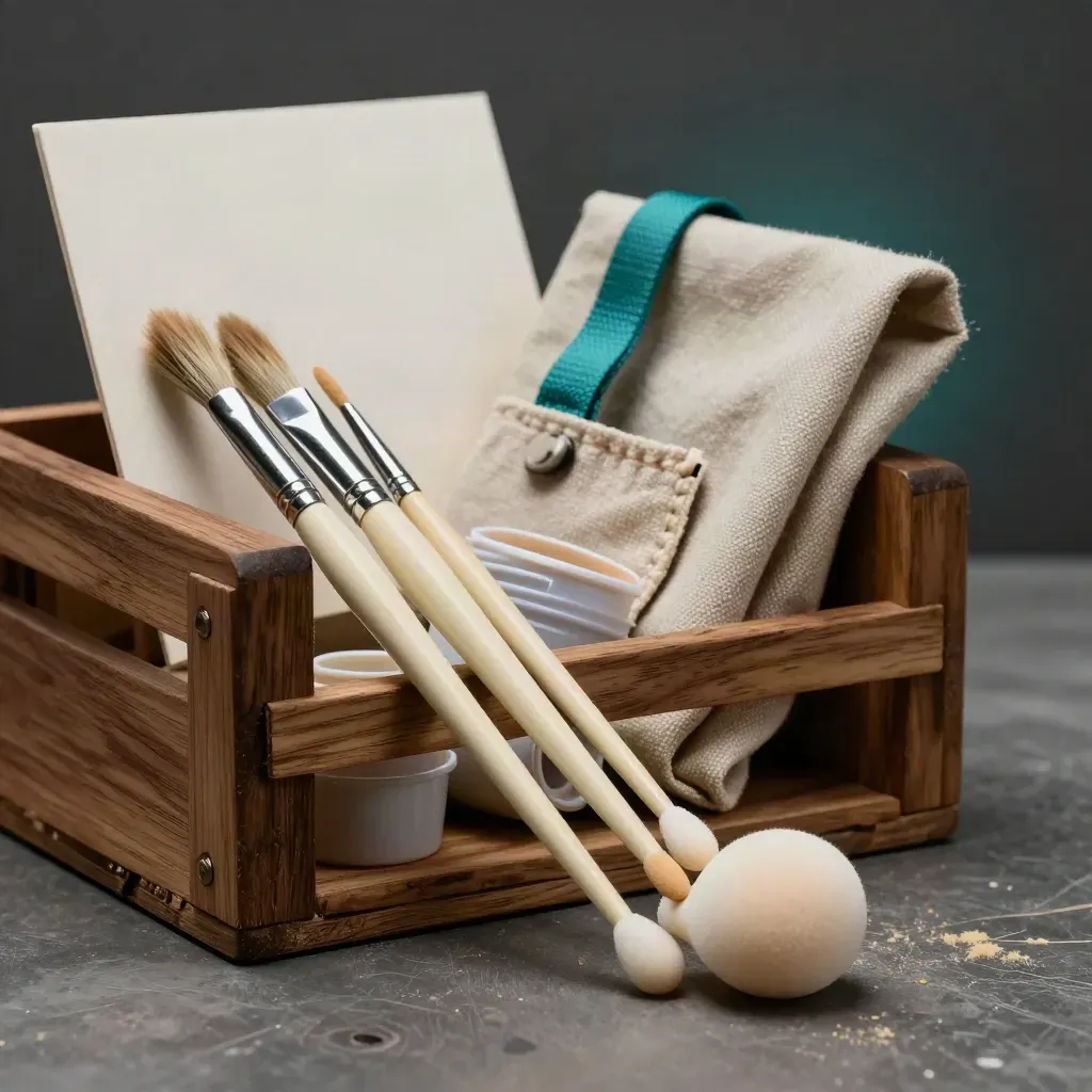 Macro close-up of a small wooden crate with brushes, daubers, paint cups, and aprons on a warm bench.