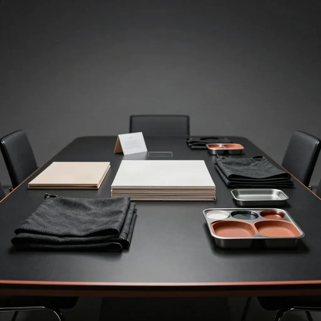 Dark office-night bundle of canvases, trays, and aprons on a matte-black meeting table