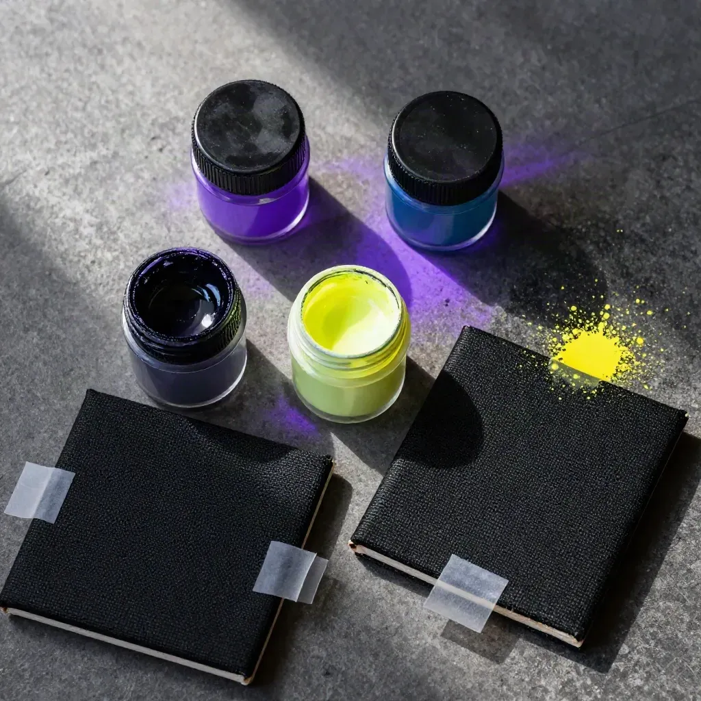 Top-down flatlay of UV paint pots, black canvases and a folded cloth glowing under black light.
