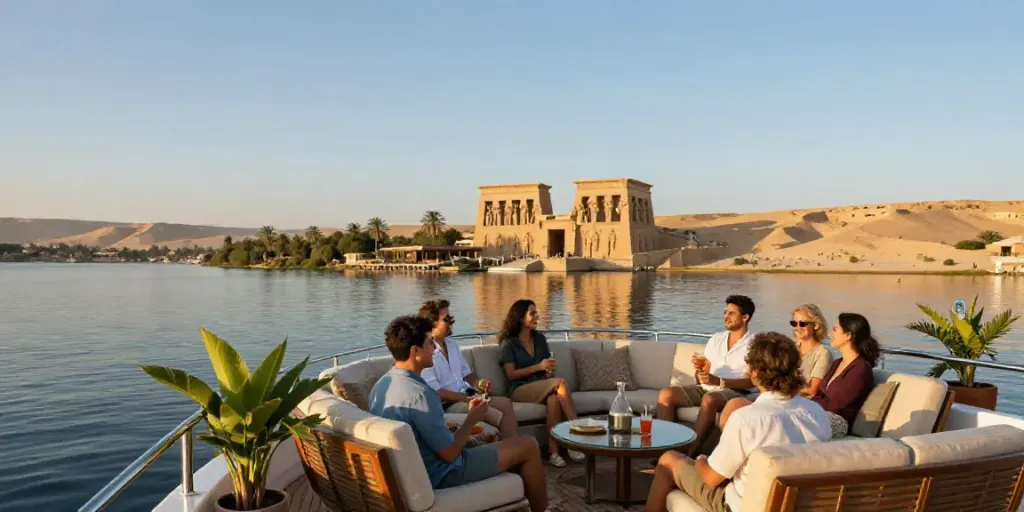 Enjoying a Lake Nasser Cruise with friends amidst stunning desert scenery